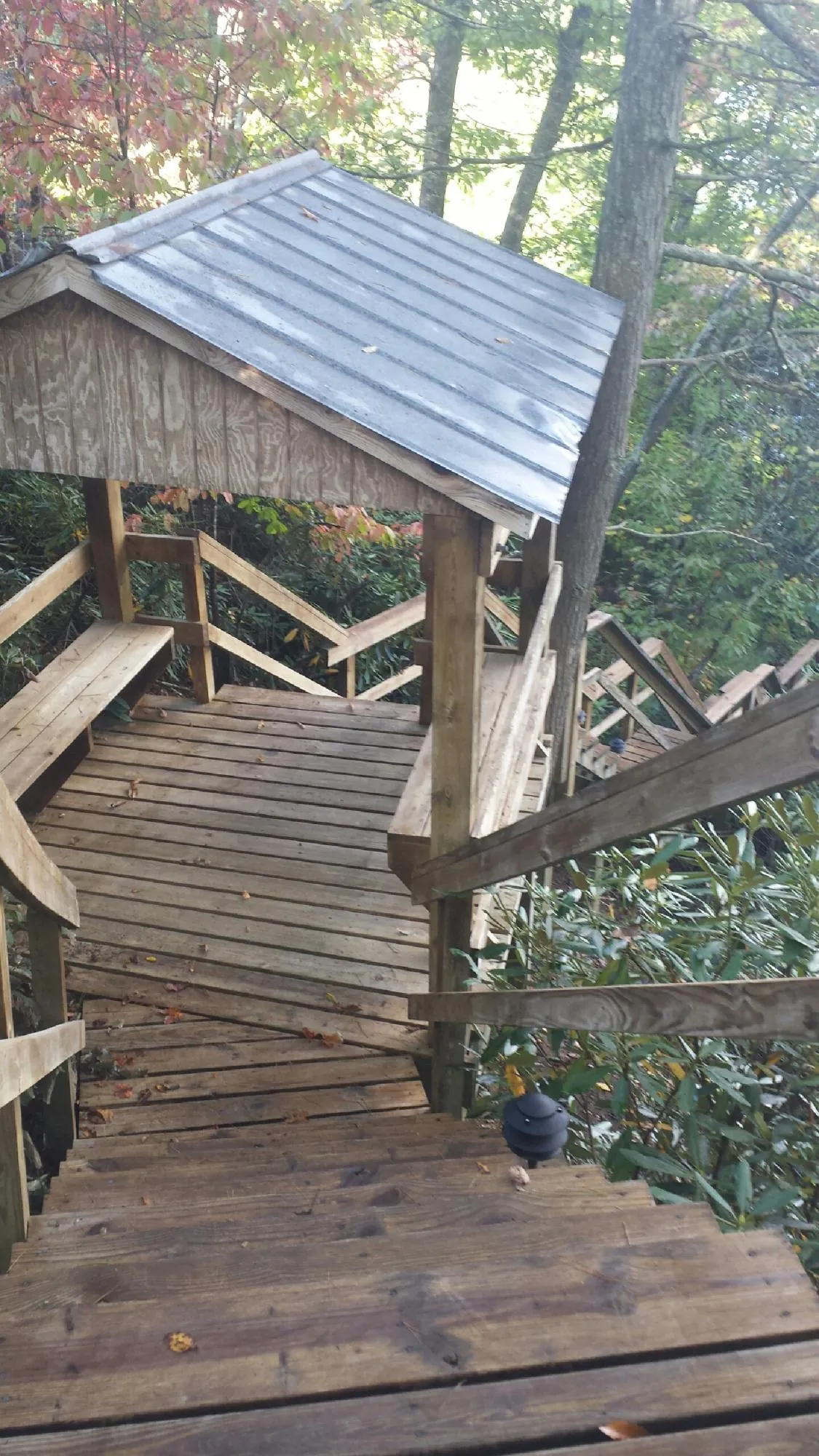 Metal roofed shelter over wooden steps on a wooded walkway — Skylight Repair & Installation work by our crew in Richland Center
